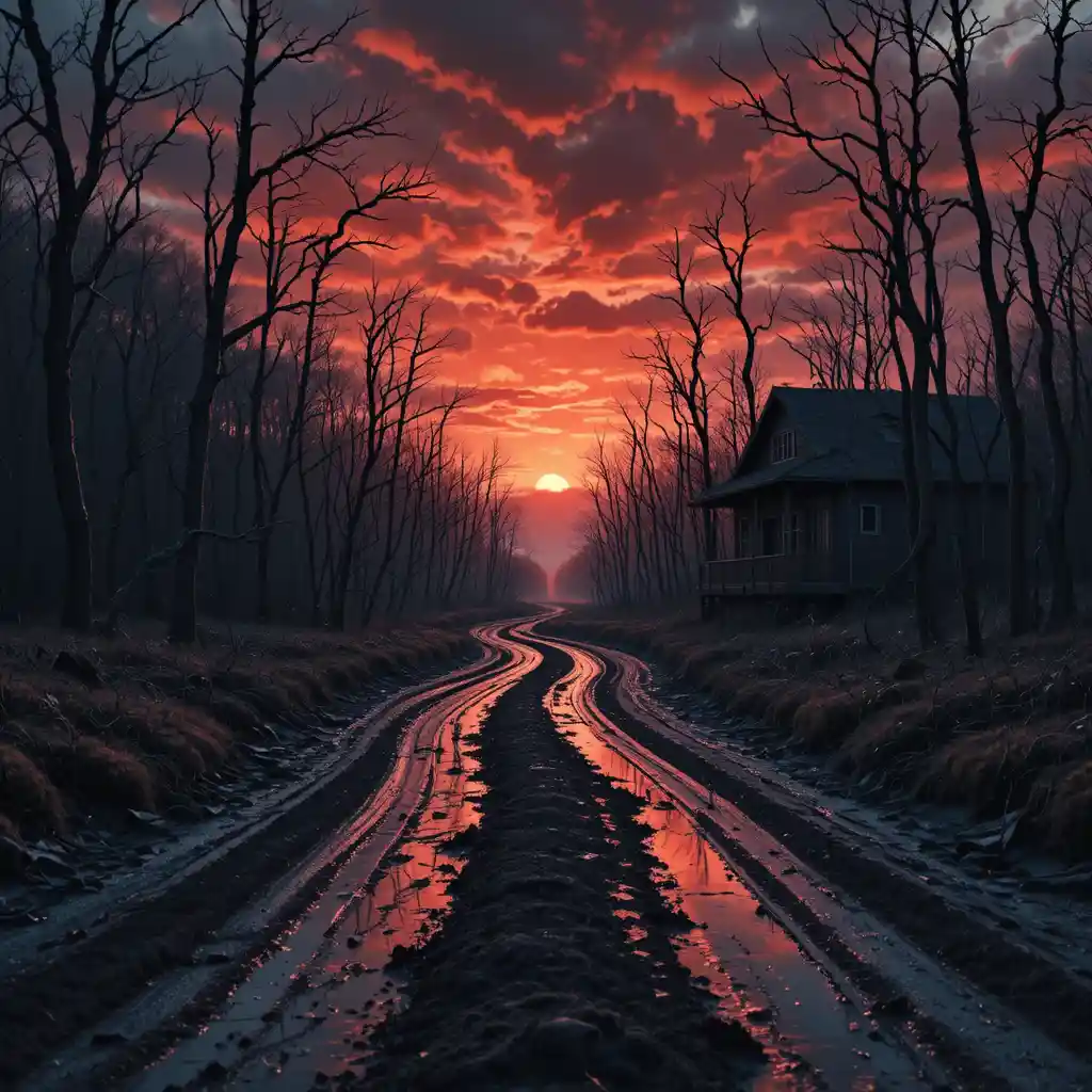 Surreal sunset road through a twisted winter forest