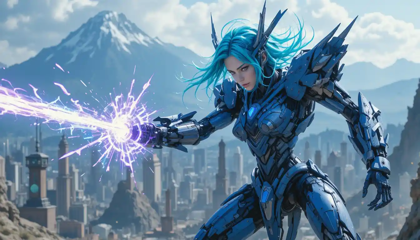 Blue haired mecha girl battling alien in futuristic city