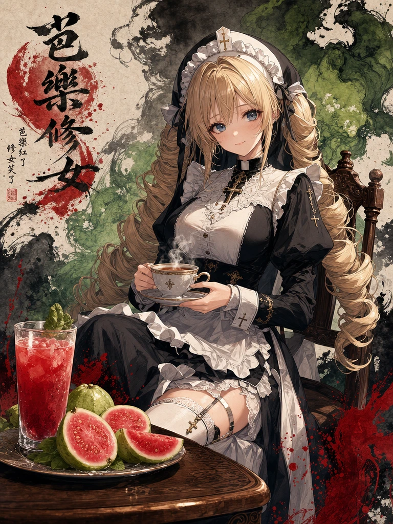 Anime nun maid girl with guava tea at wooden table