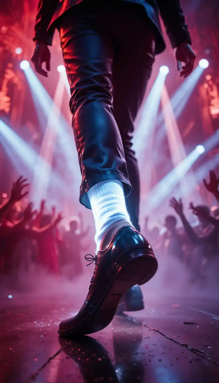 Gros plan en contre-plongée d’un danseur en plein moonwalk