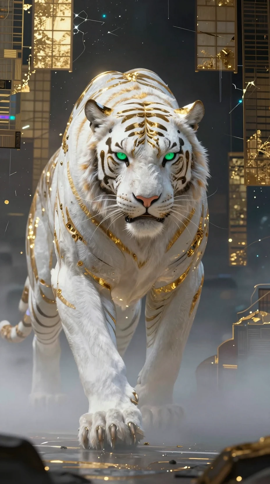 Mechanical white tiger with green eyes and golden metal fur