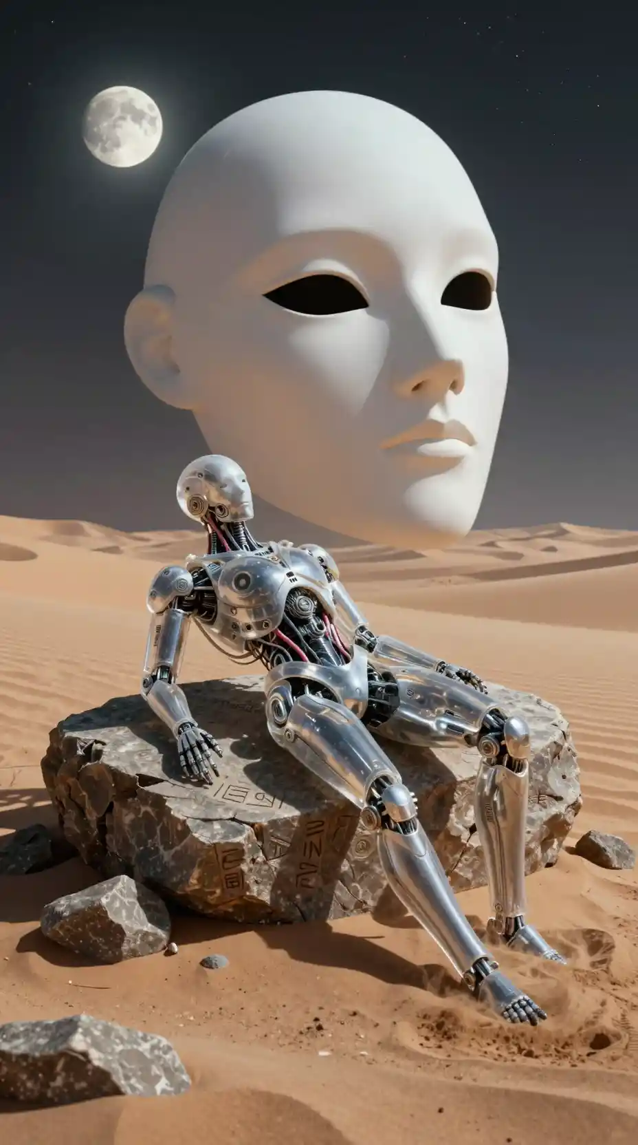 Humanoid Robot Half Buried In Moonlit Desert Dunes