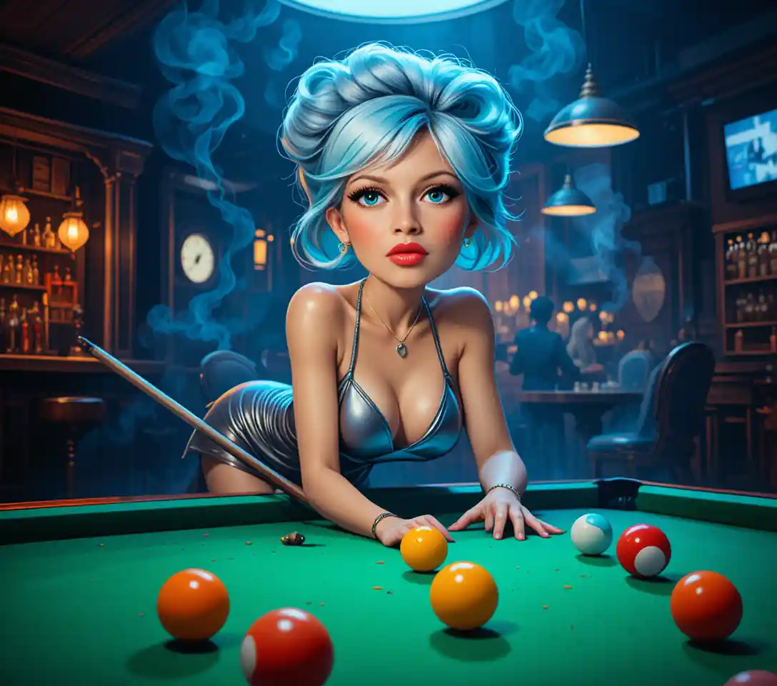 Mediterranean woman playing billiards in a smoky bar