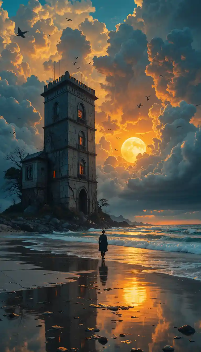Stormy sunset house on a reflective ocean shore