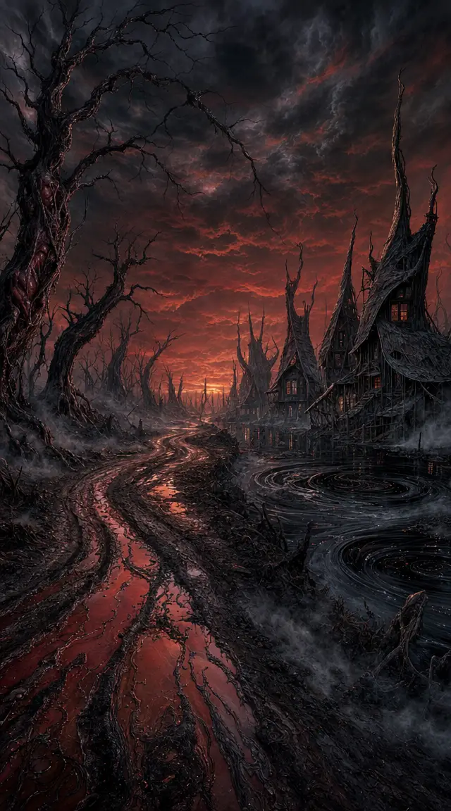 Surreal winter forest road under a bleeding crimson sky