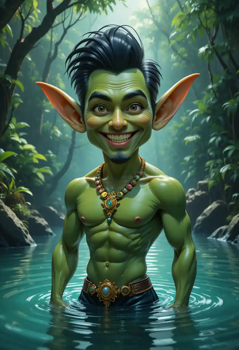 Green fantasy man emerging from water in glowing jungle