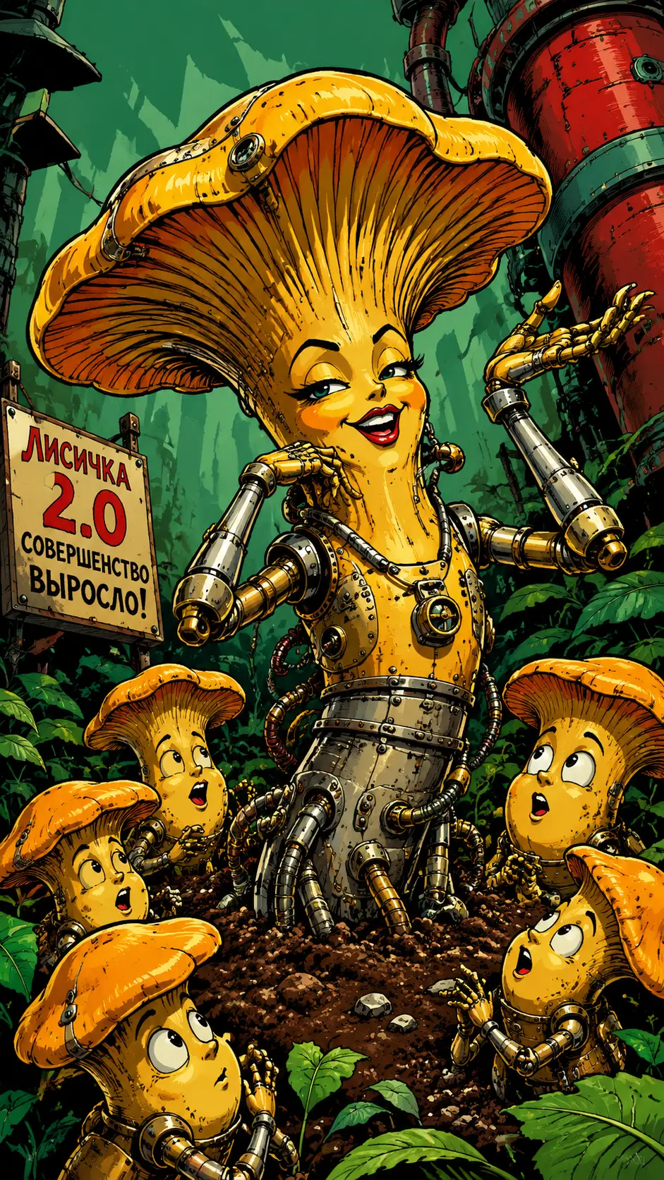Anthropomorphic biopunk mushroom character in cartoon forest