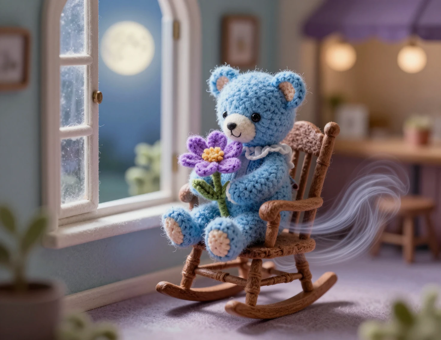 Blue teddy bear on rocking chair by moonlit window