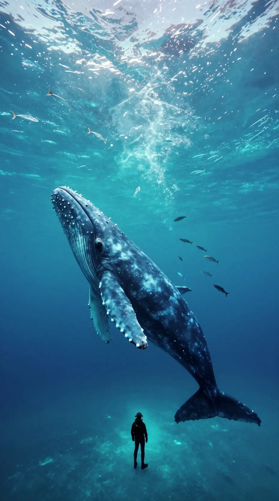 Blue whale beneath arctic ice watched by lone explorer