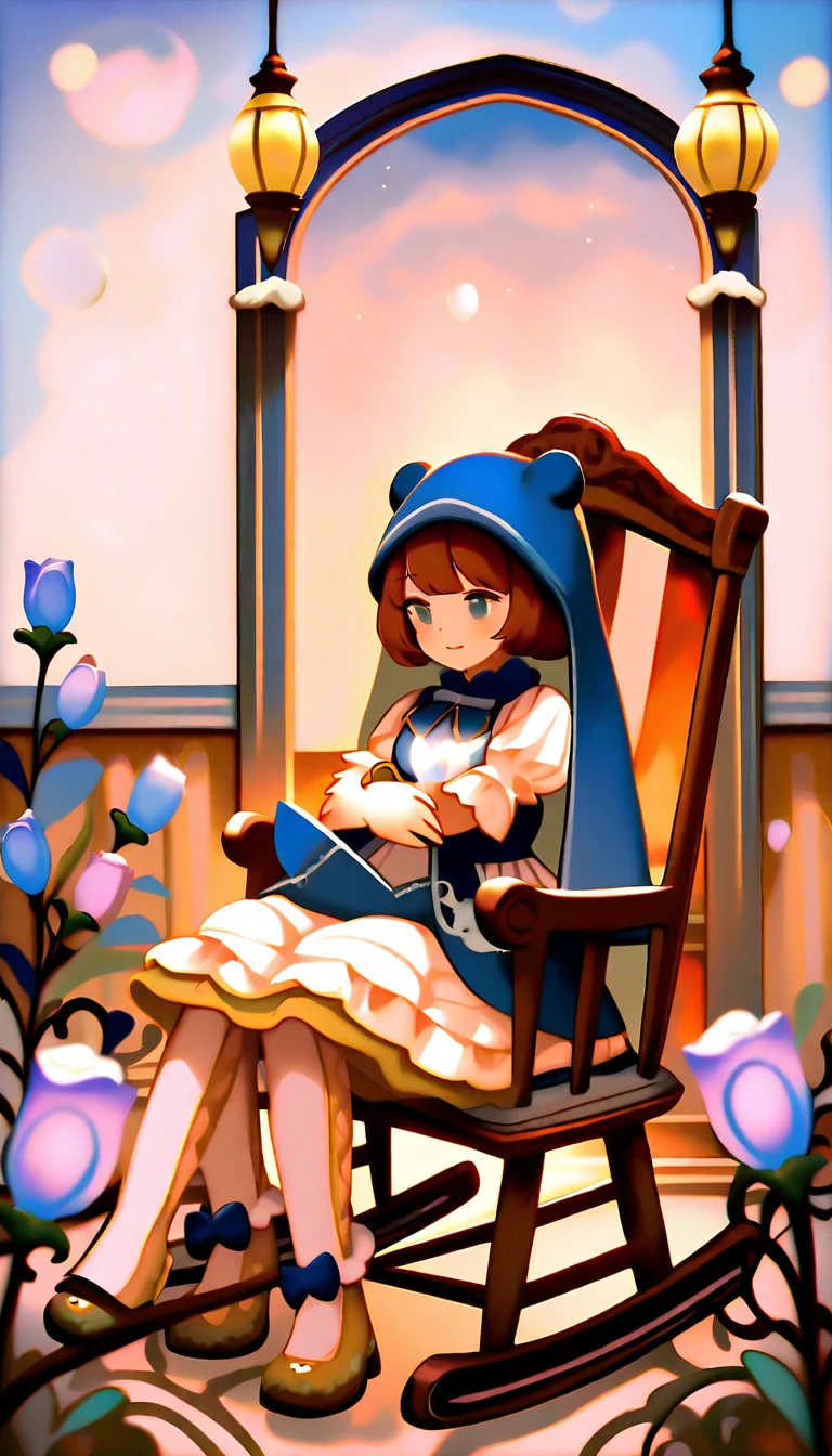 Blue teddy bear on rocking chair by moonlit window