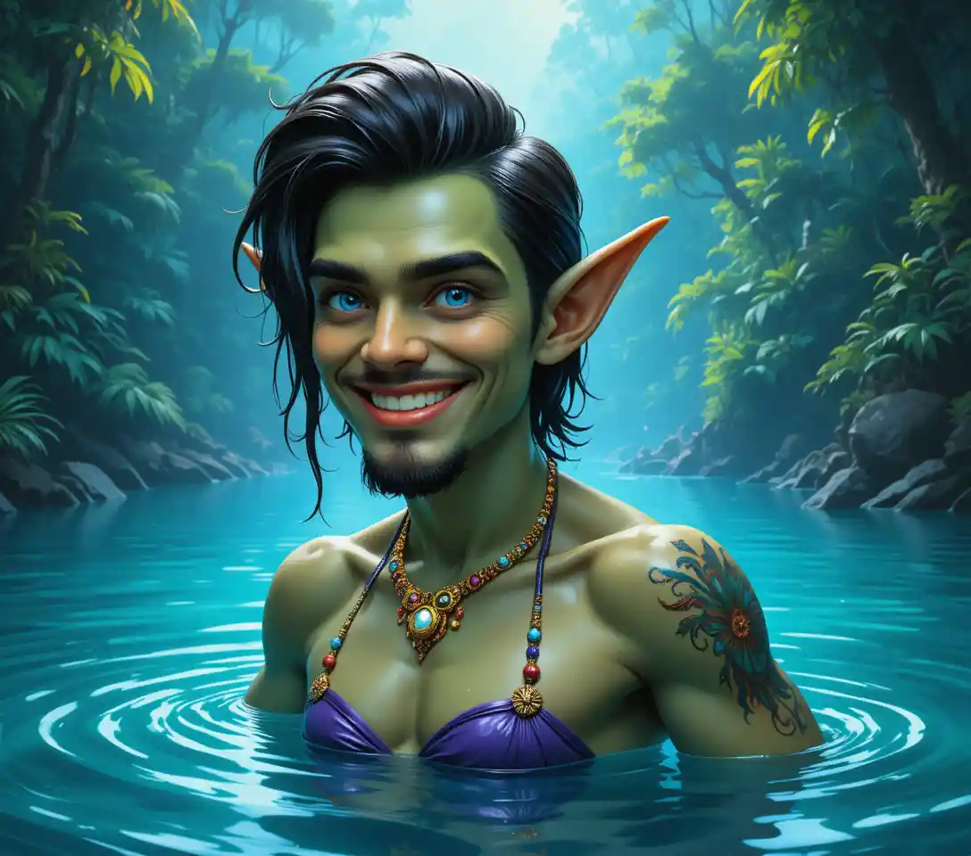 Green fantasy man rising from jungle water smiling