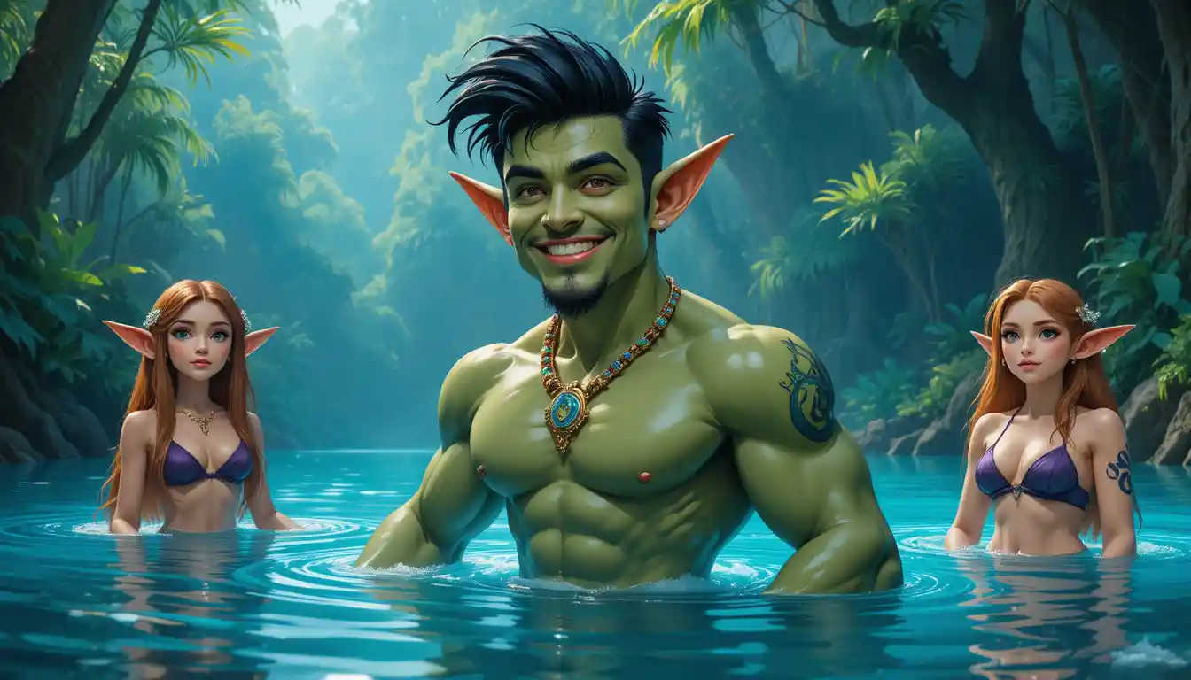 Green humanoid emerging from glowing jungle water