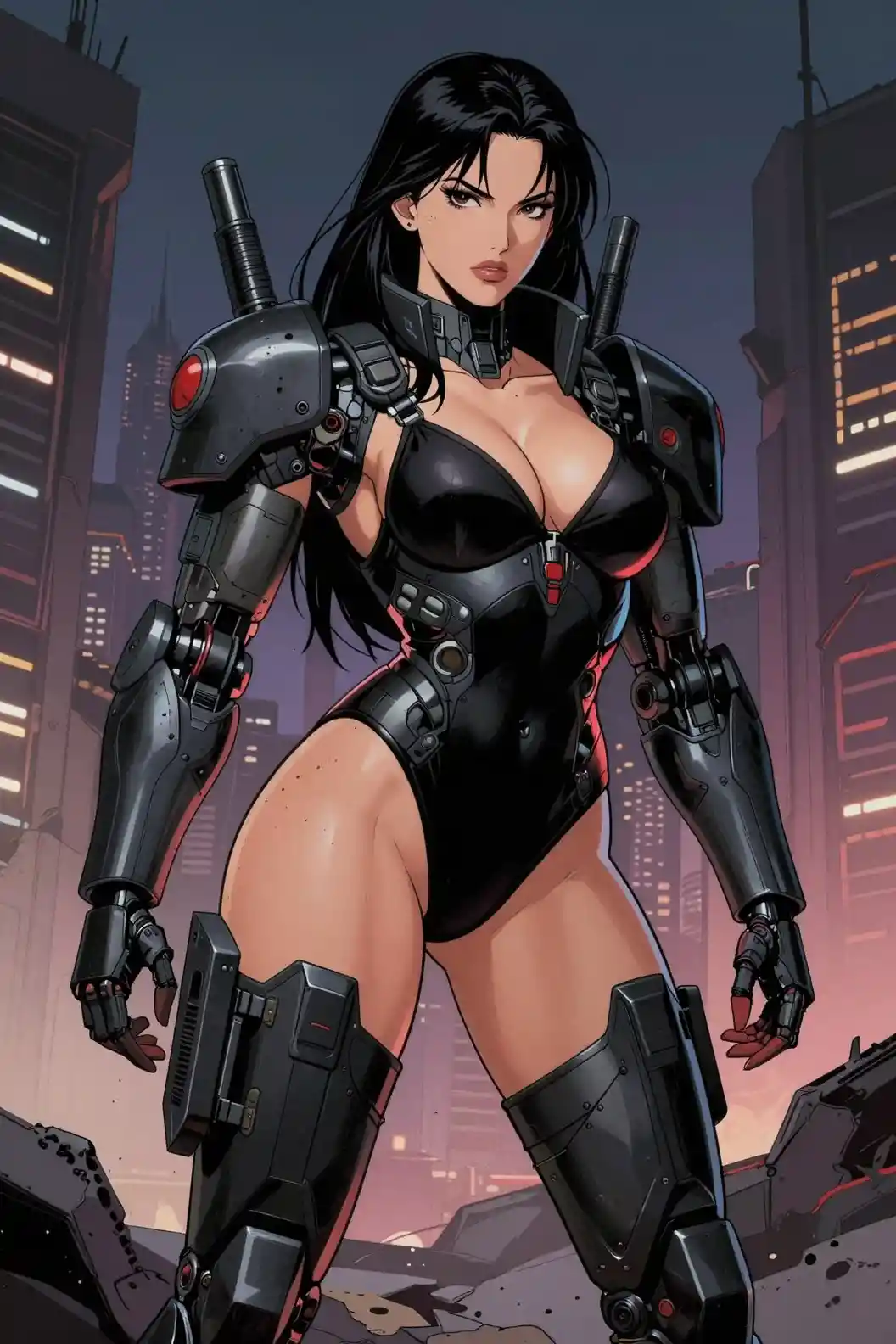 Determined warrior woman in black suit in ruined city
