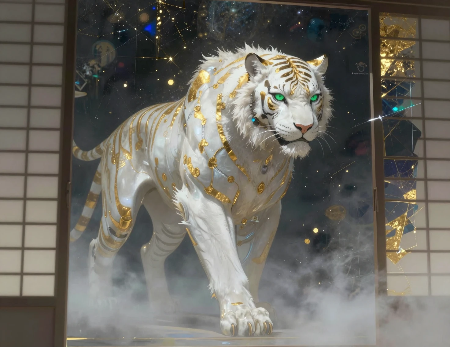 Mechanical white tiger with glowing green eyes in mist
