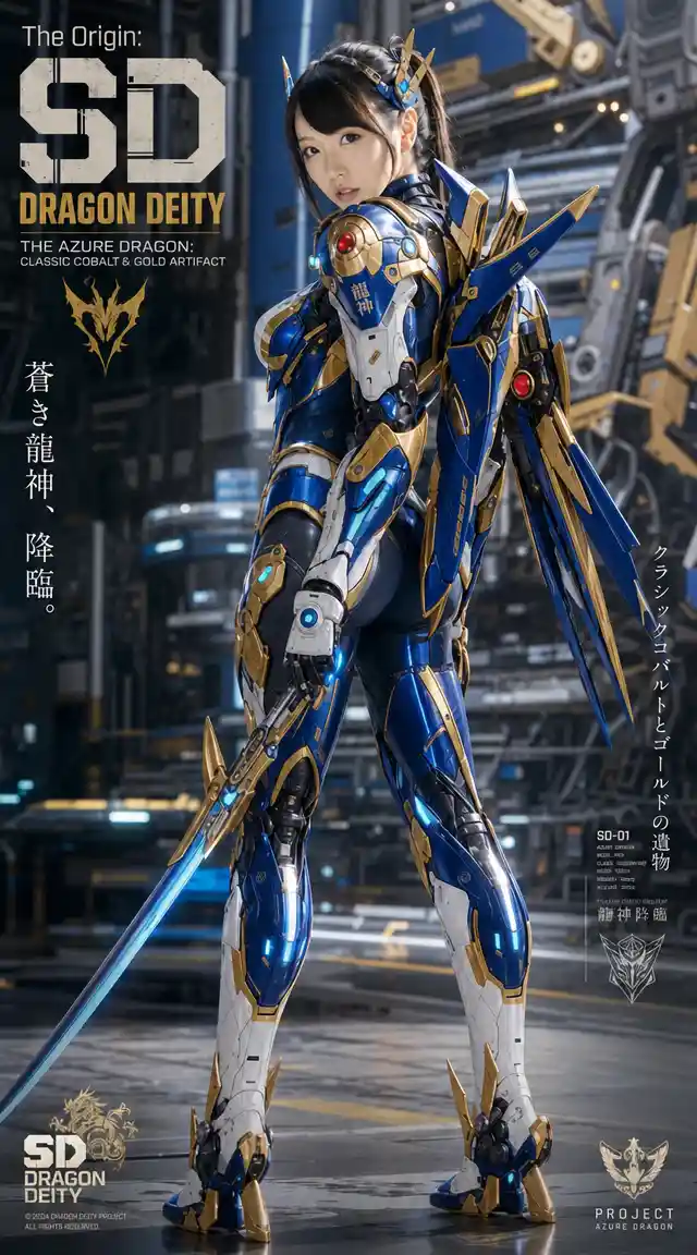 Futuristic mecha armored woman in a vertical city portrait