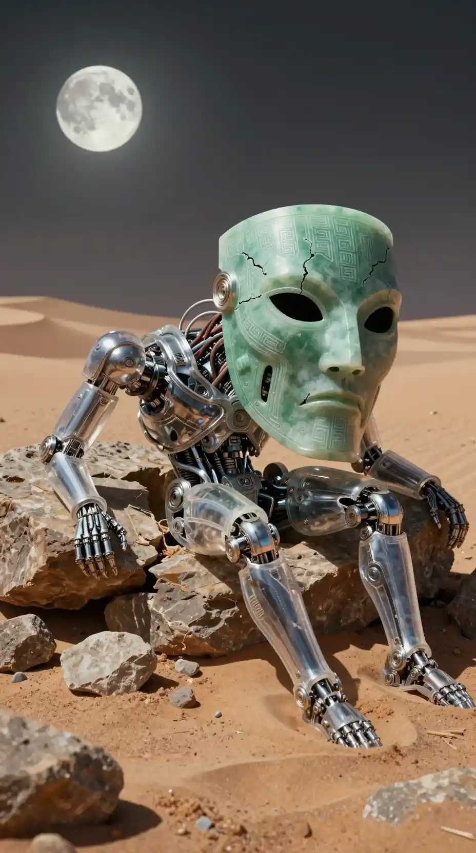 Humanoid robot in moonlit desert with cracked jade mask