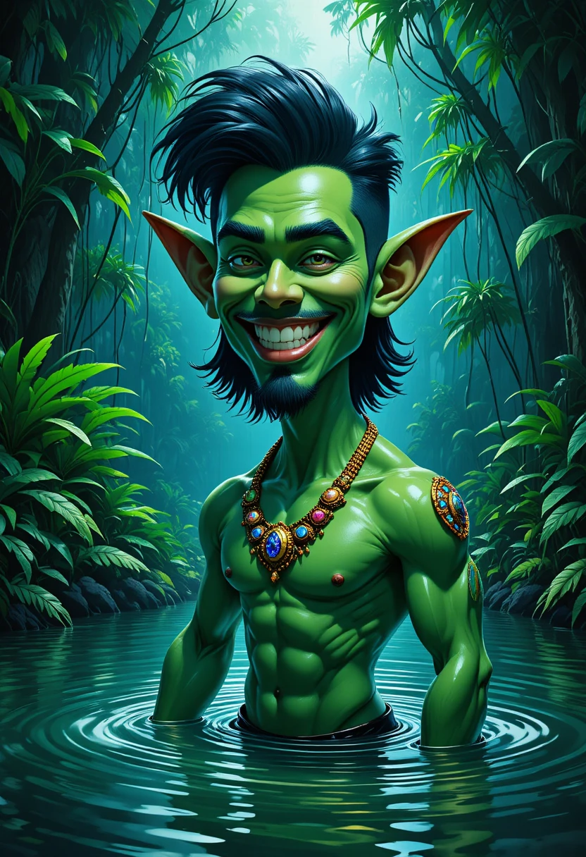 Smiling green man emerging from jungle water in fantasy light