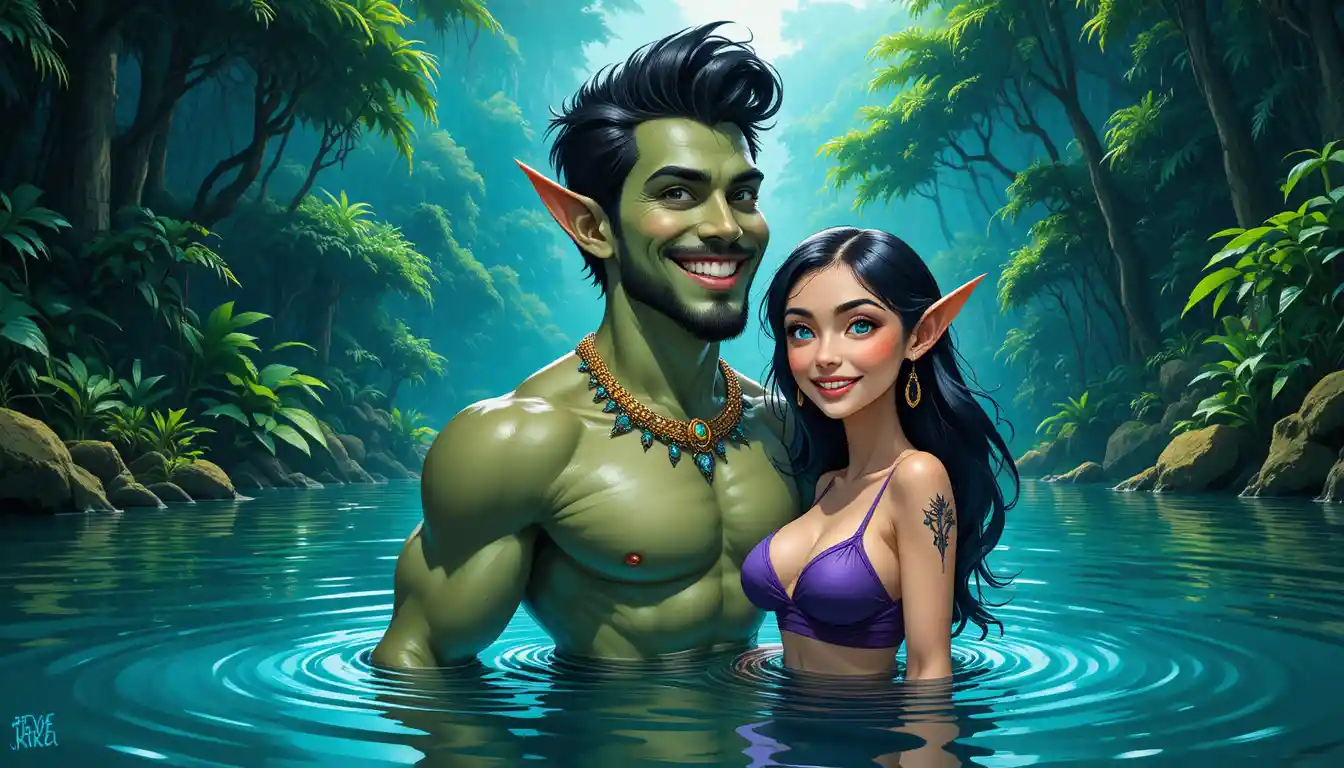 Smiling green man emerging from mystical jungle water