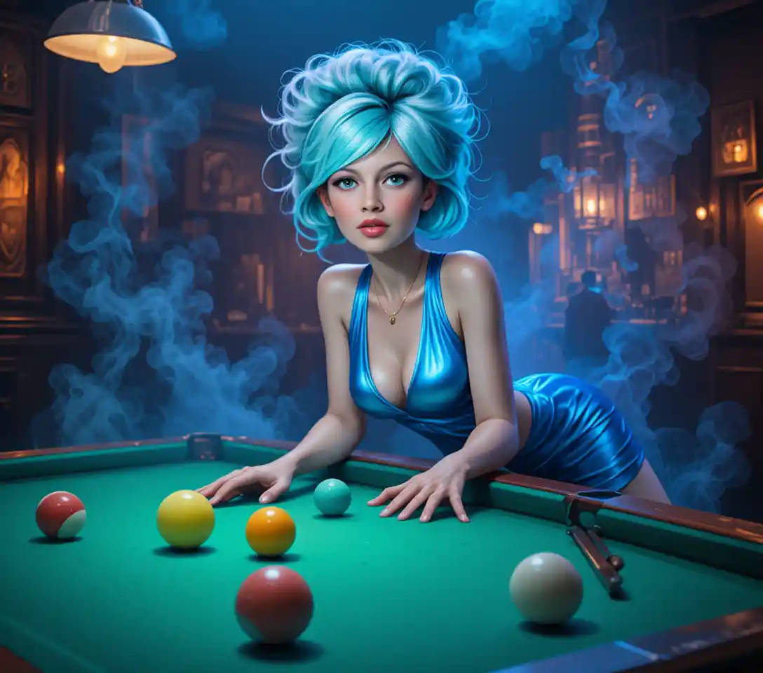 Mediterranean woman playing billiards in a smoky bar
