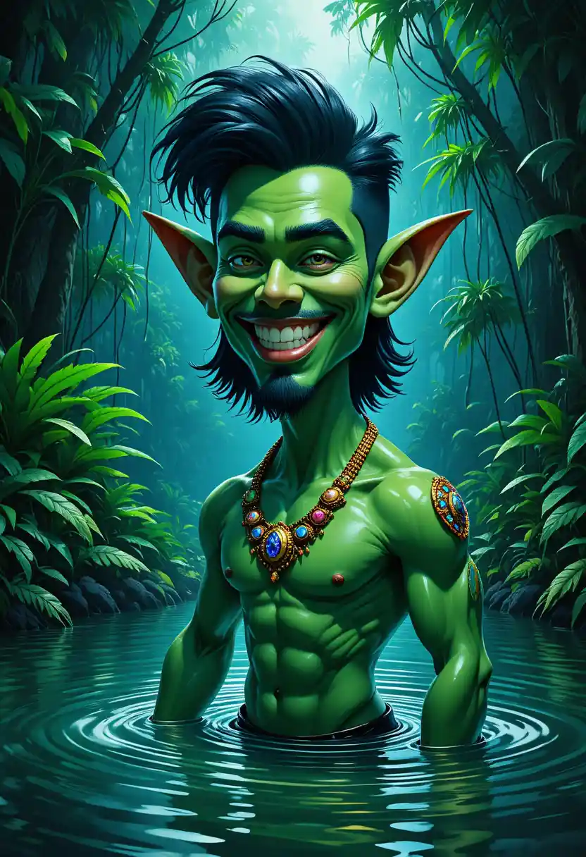 Uomo verde sorridente che emerge dall’acqua della giungla in una luce fantastica