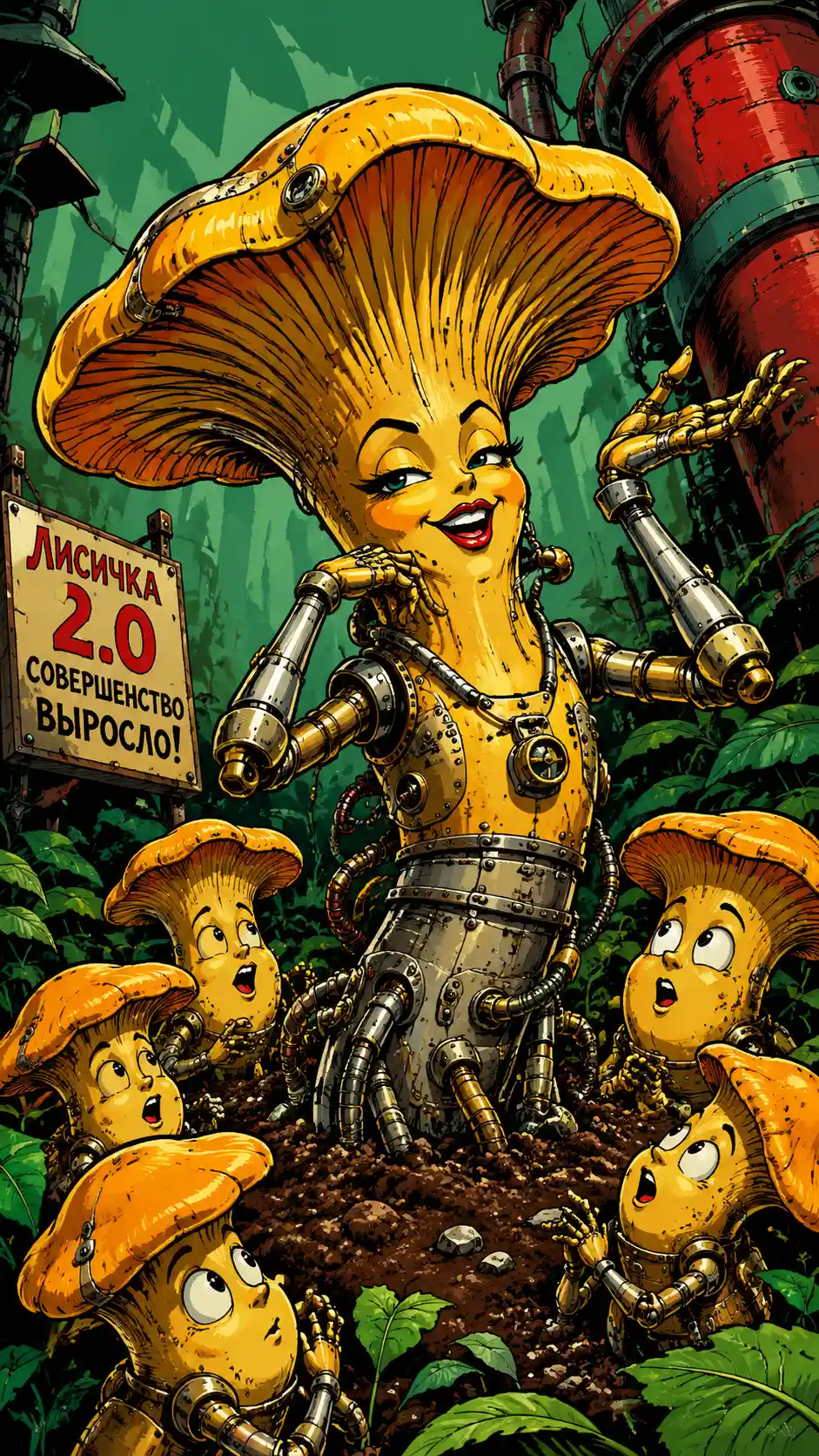 Personaggio fungo biopunk antropomorfo in una foresta a cartoni animati