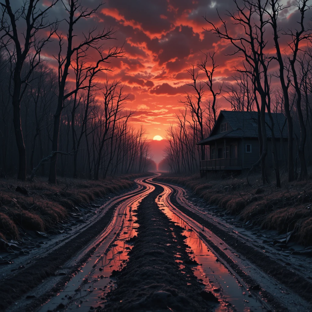 Surreal sunset road through a twisted winter forest