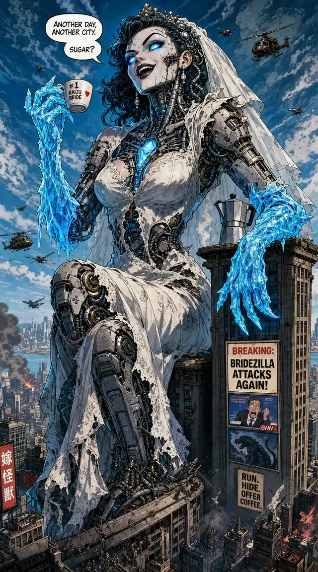 Cyborg kaiju bride sitting on rooftops with glowing blue core