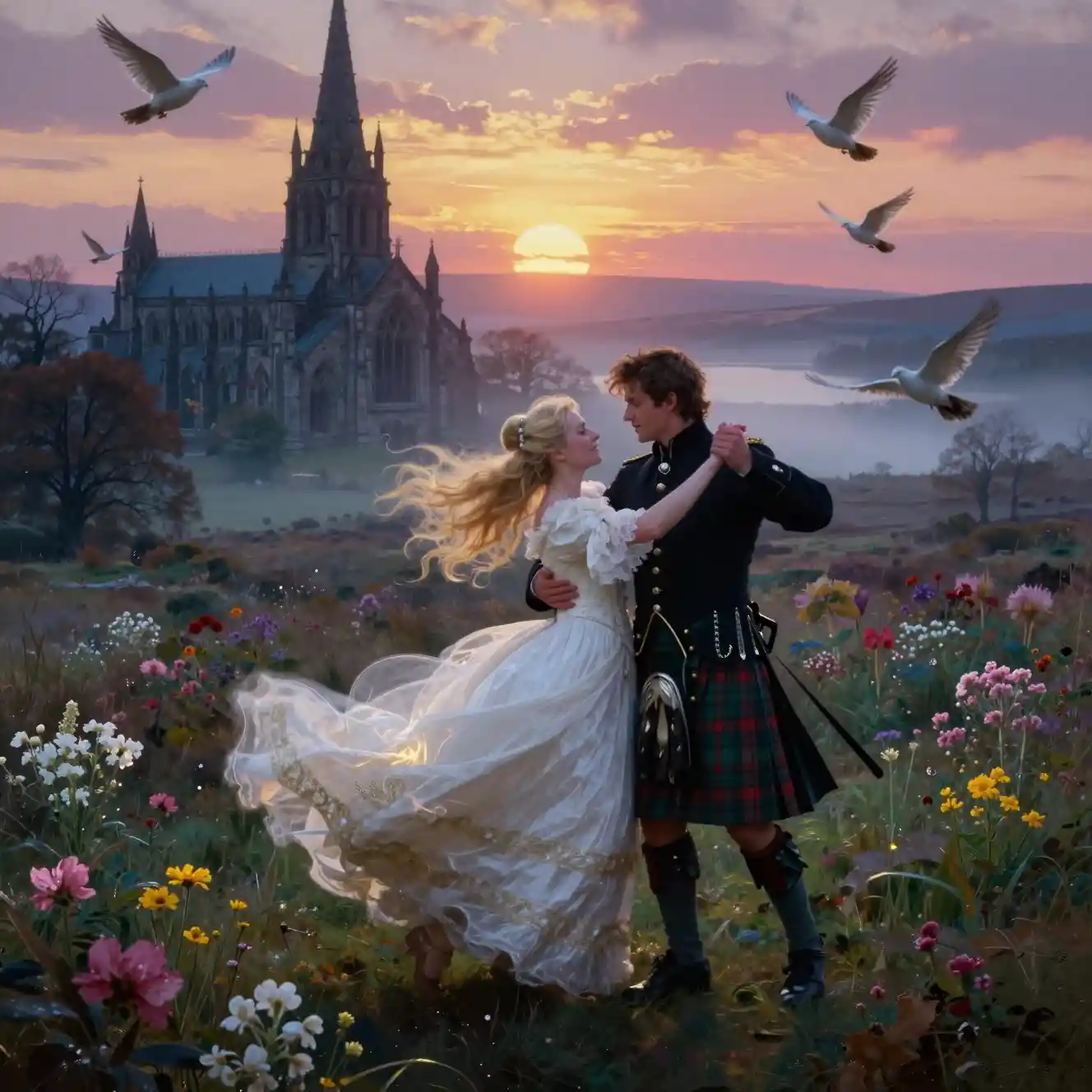 Romantic couple dancing in misty Scottish highland sunset