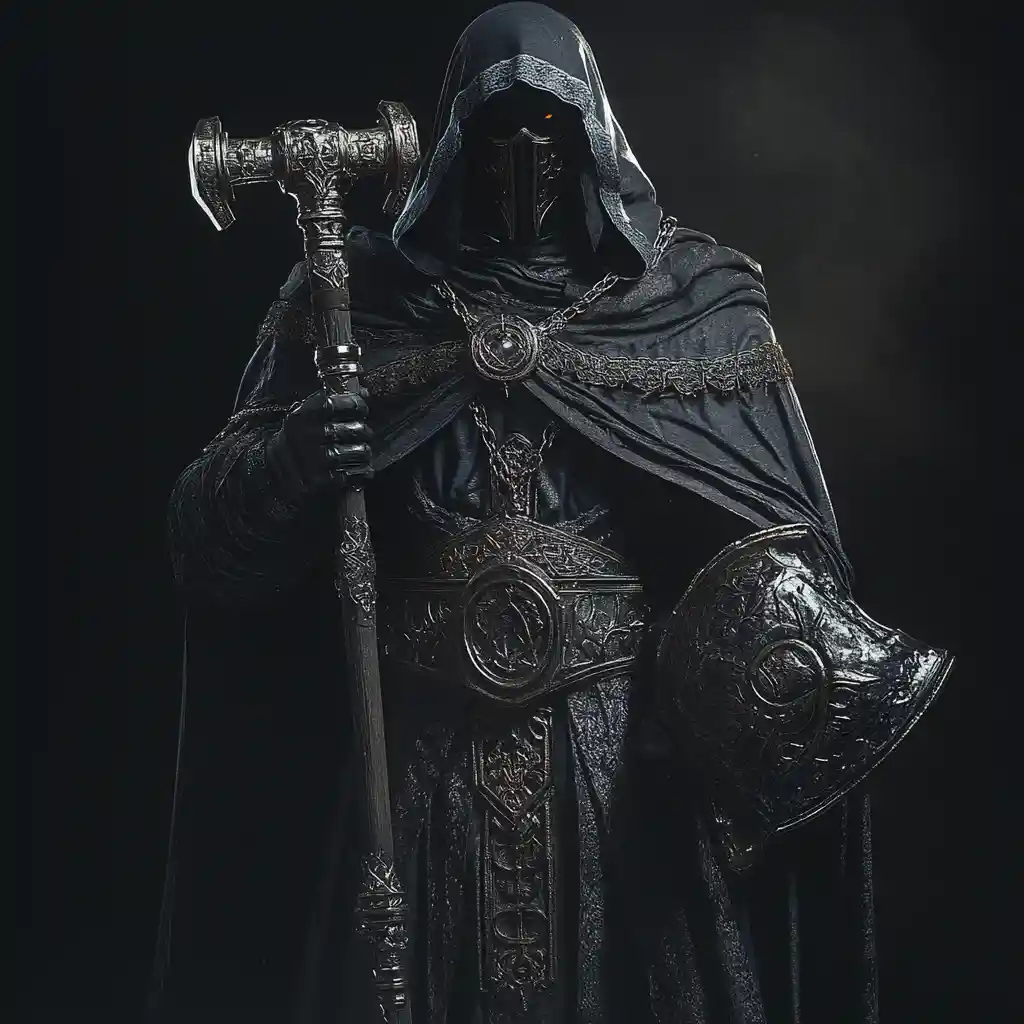 Dark holy warrior in ornate vestments with heavy hammer