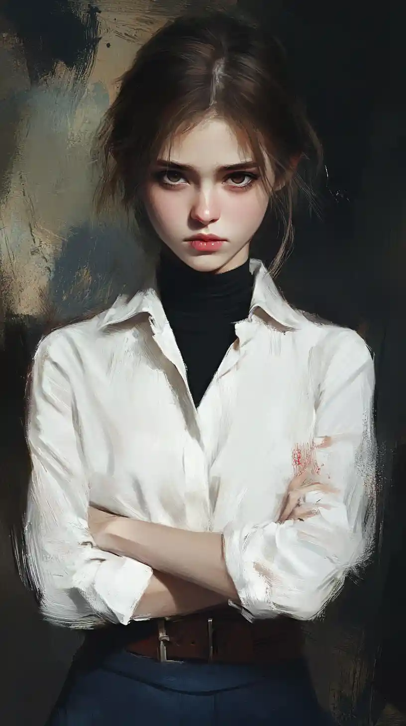 Defiant schoolgirl portrait with crossed arms and dark backdrop