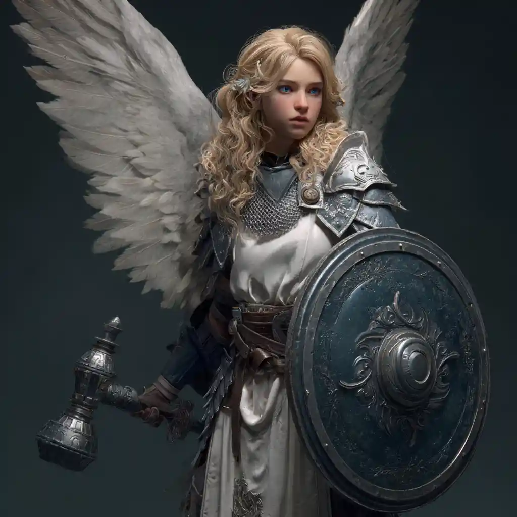 Angelic fantasy cleric with mace and shield of justice