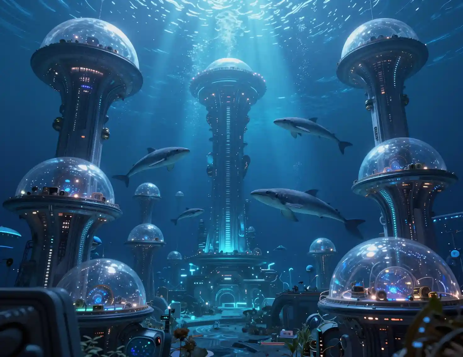 Vast futuristic underwater city with glowing domes and towers