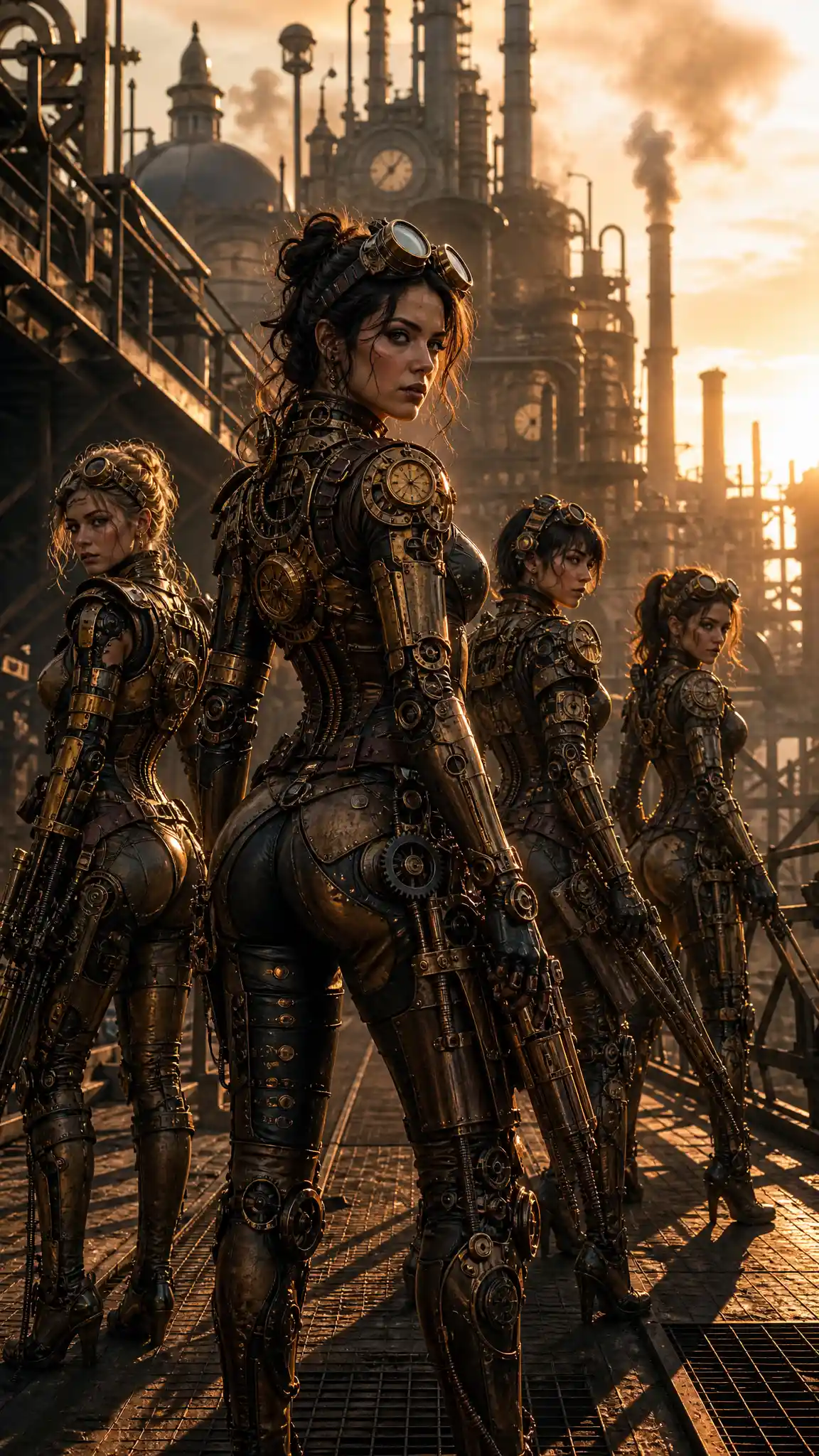 Women in mechanical suits in a sunlit industrial landscape