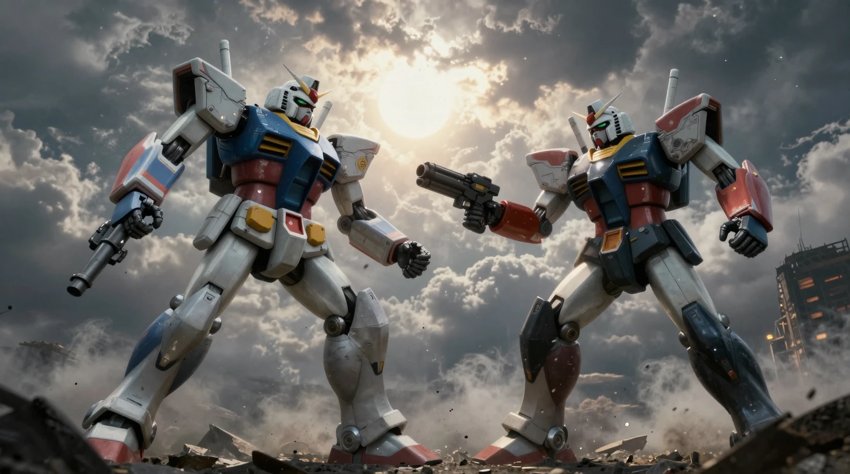 Colossal battle of two war torn robots on ruined Earth