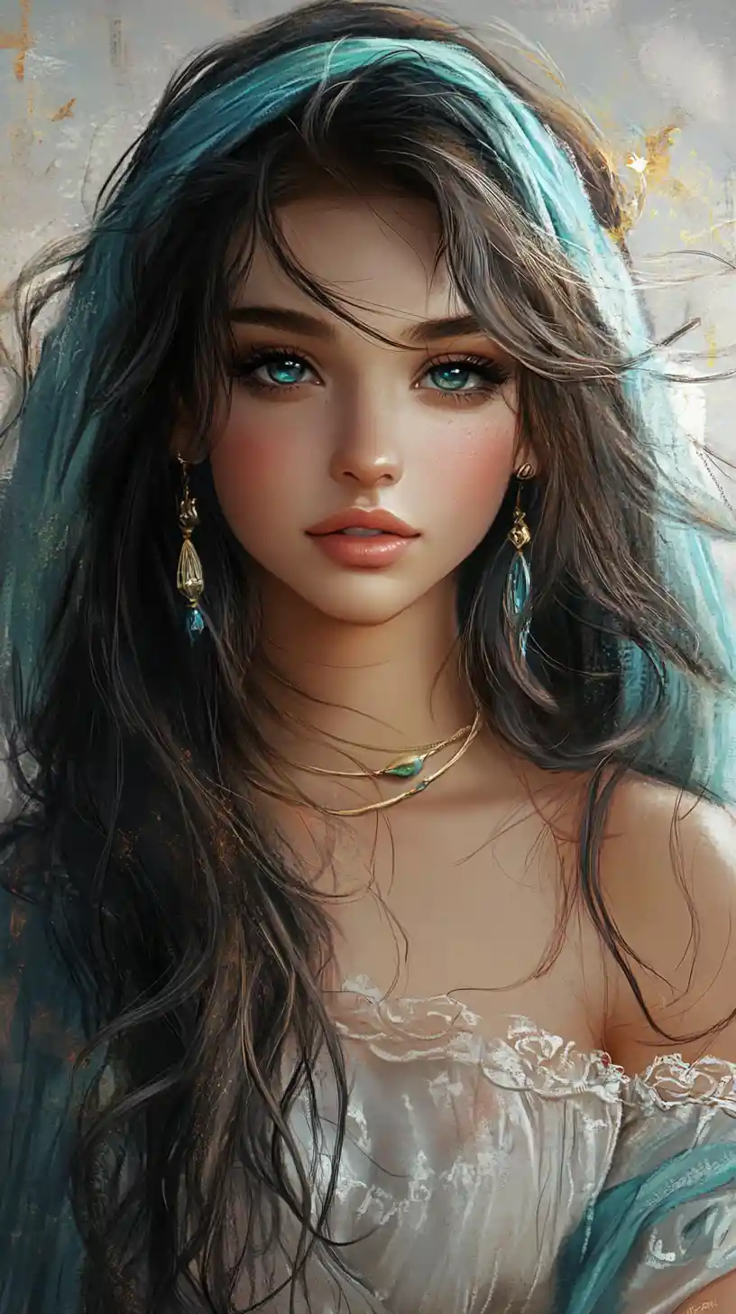 Ragazza fantasy serena con capelli fluenti dalle sfumature verde acqua