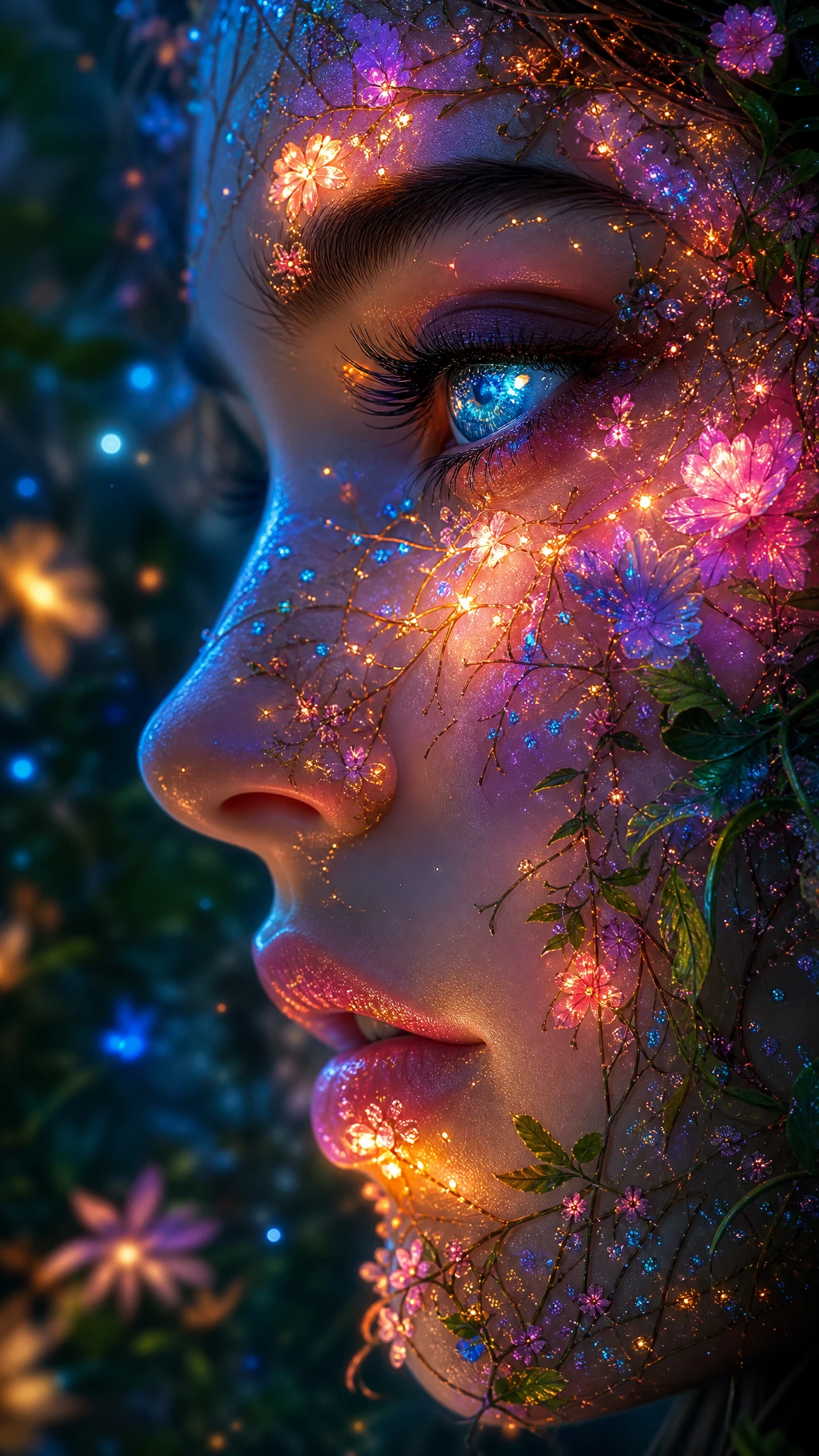 Bioluminescent woman in profile with glowing turquoise eye