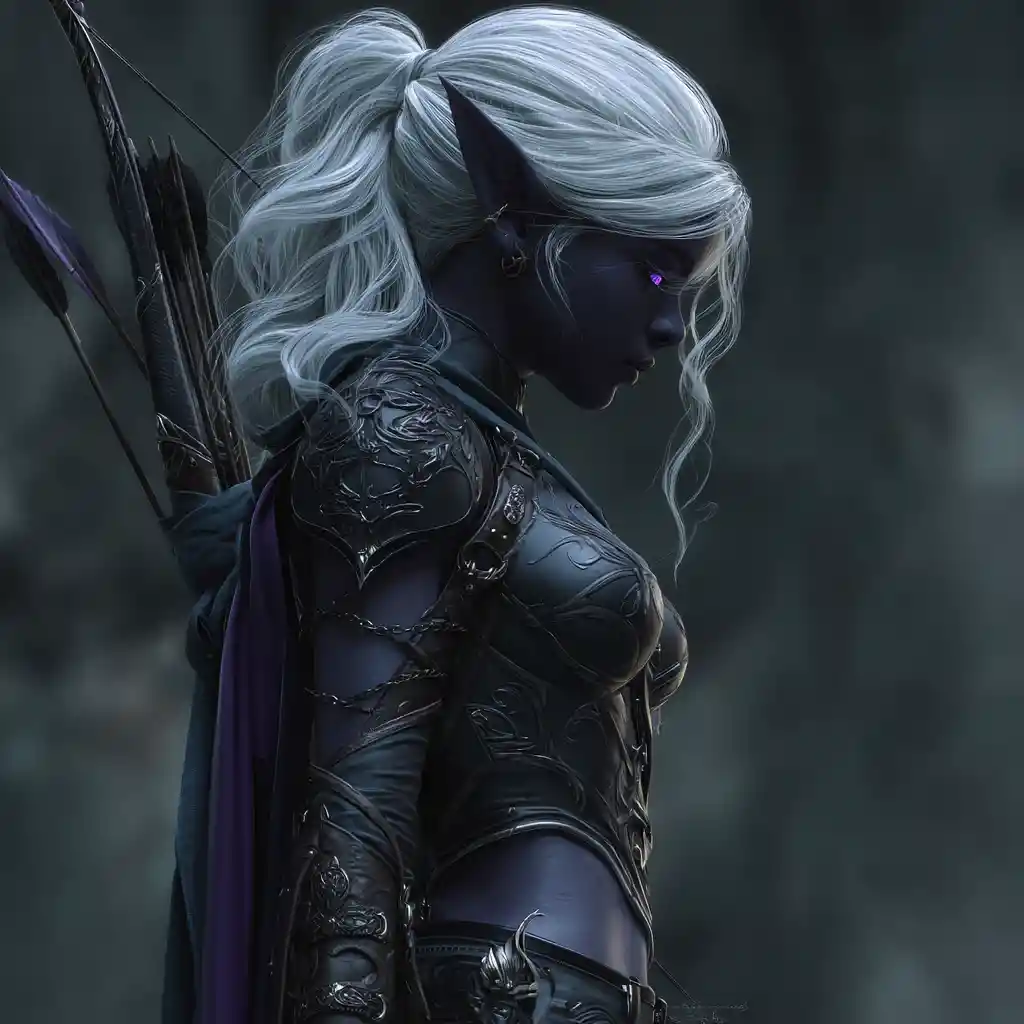 Dark drow elf archer with magic bow in black armor