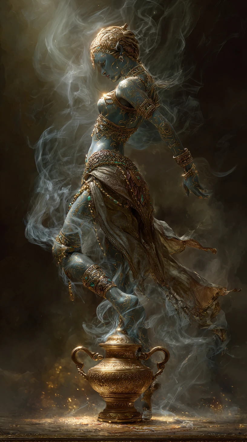 Majestic blue djinn rising from an ancient brass lamp