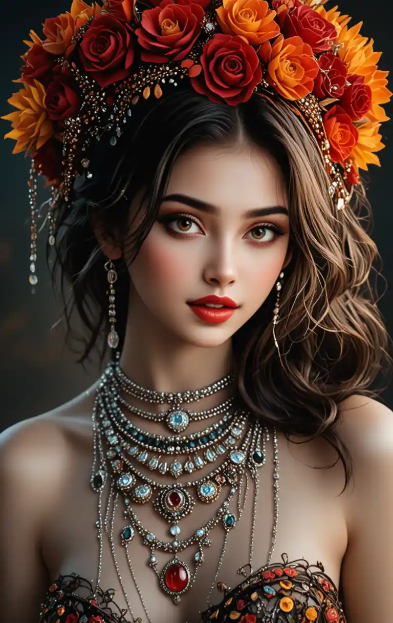 Glamorous Woman In Floral Hat With Diamond Jewelry