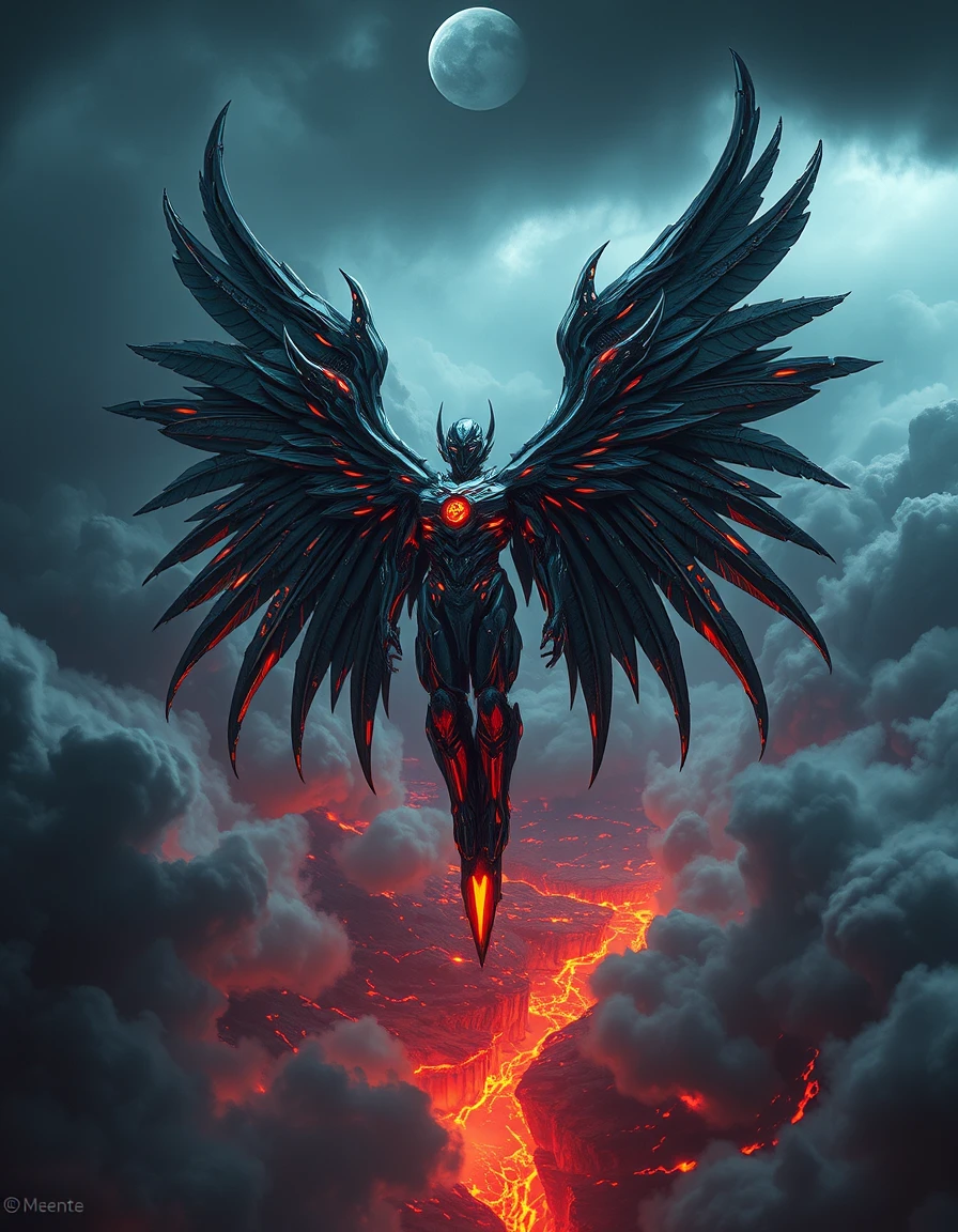 Biomechanical angel descending through fiery volcanic storm clouds