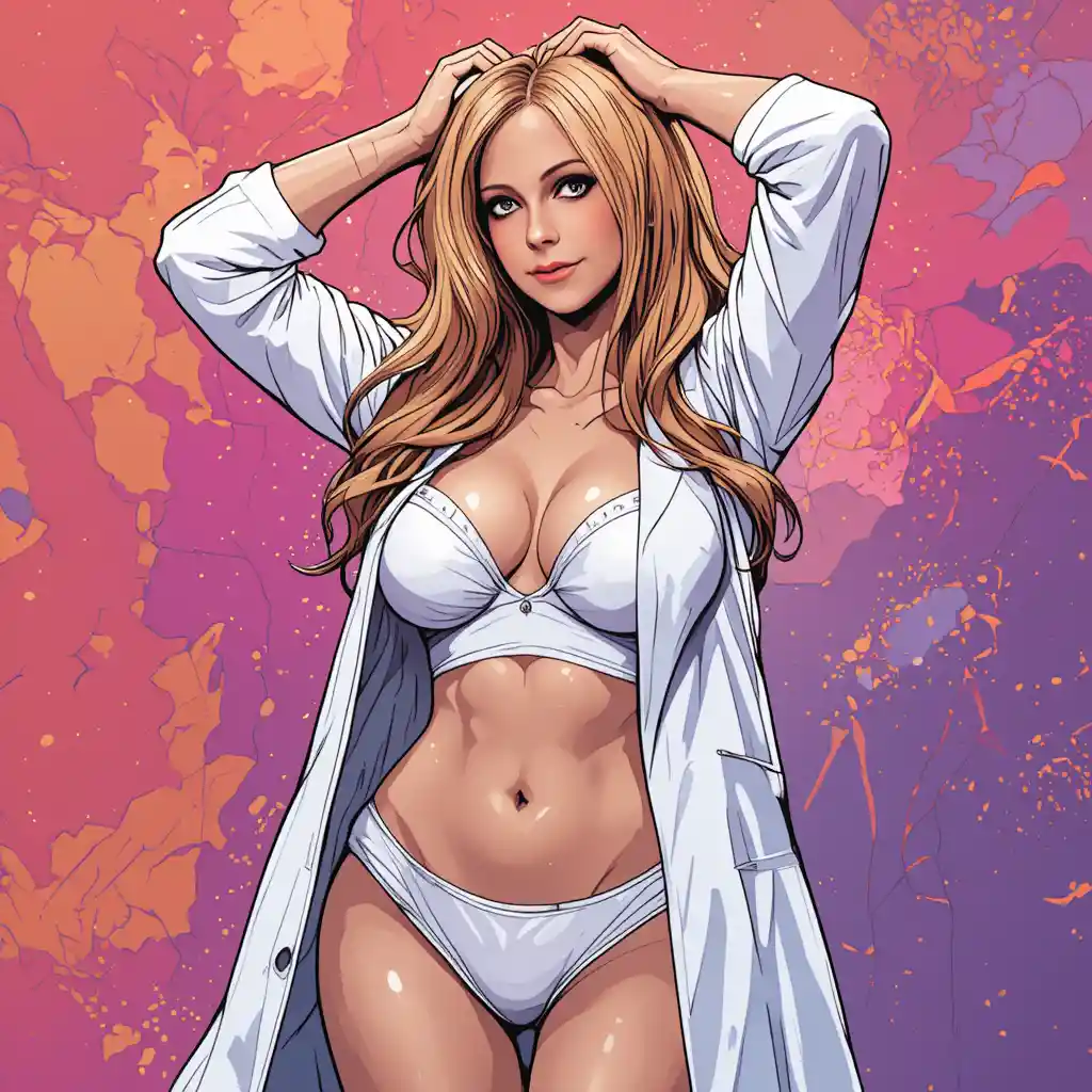 Curvy woman in white lingerie and lab coat posing playfully
