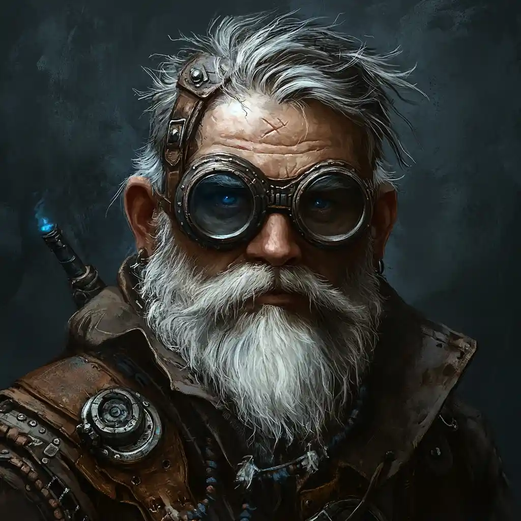 Silver haired gnome artificer with goggles and leather gear