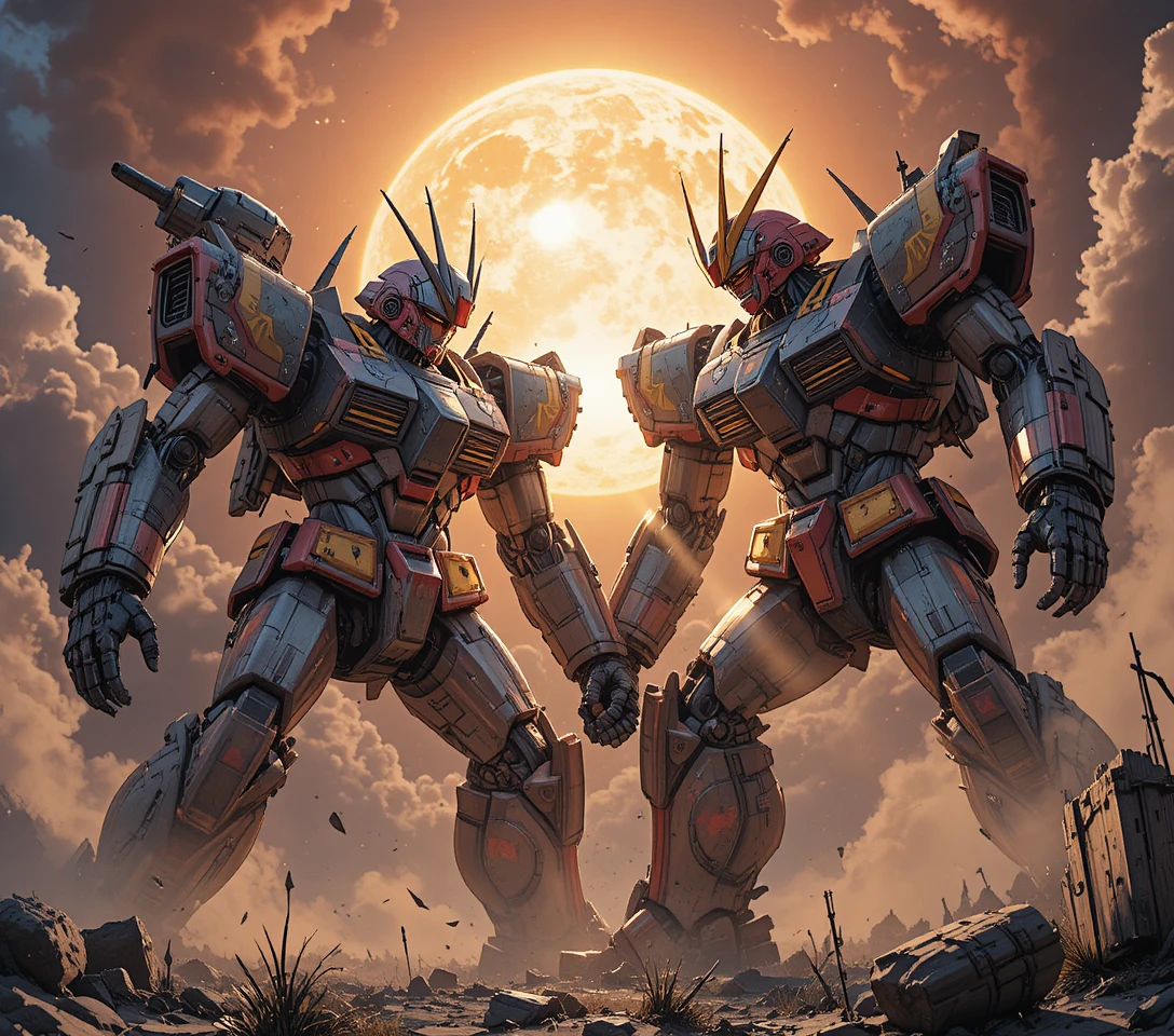 Colossal battle of two damaged robots in nuclear wasteland