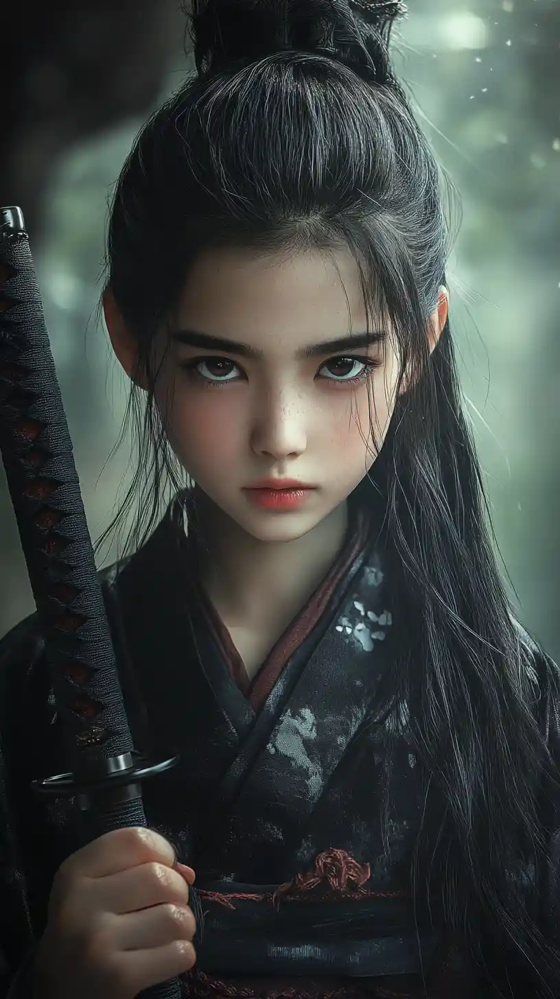 Stoic young girl in kimono with katana in misty village