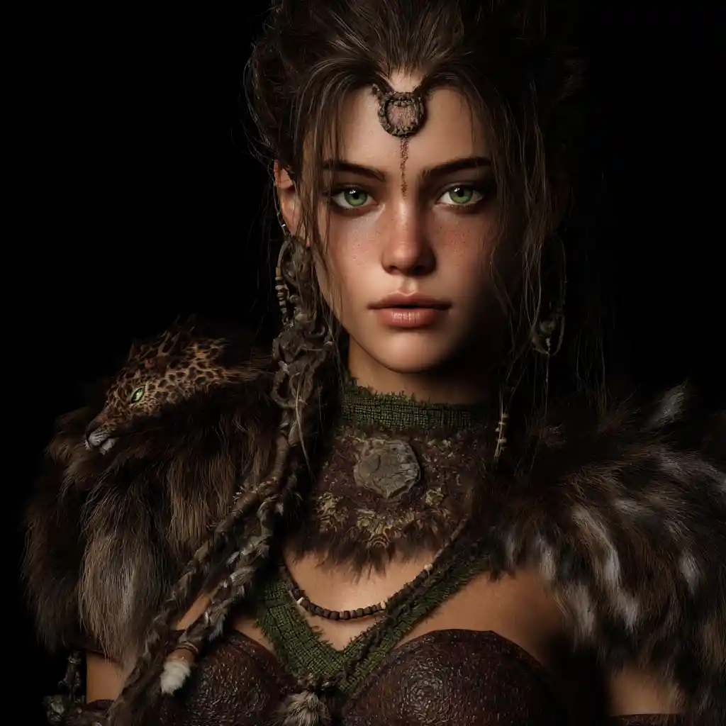 Dark fantasy druid woman with tribal furs and leather