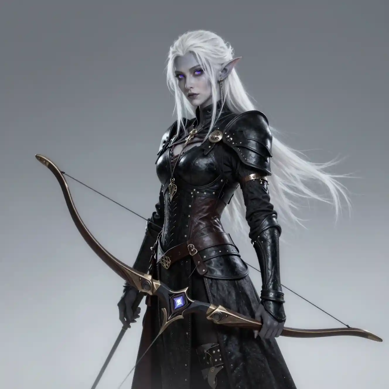 Dark elf archer woman with magical glowing bow