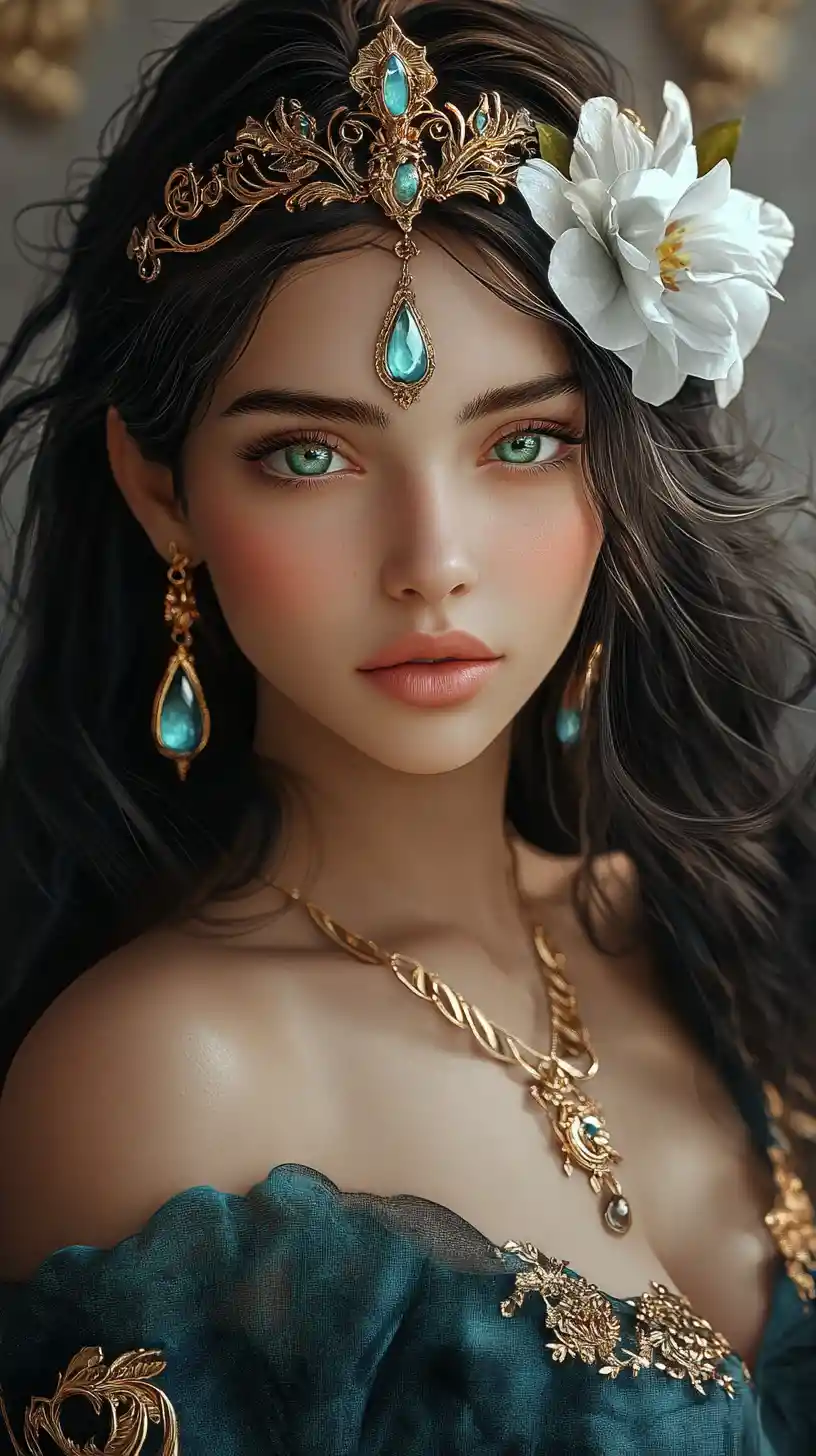 Regal dark haired woman in teal gown with jeweled tiara