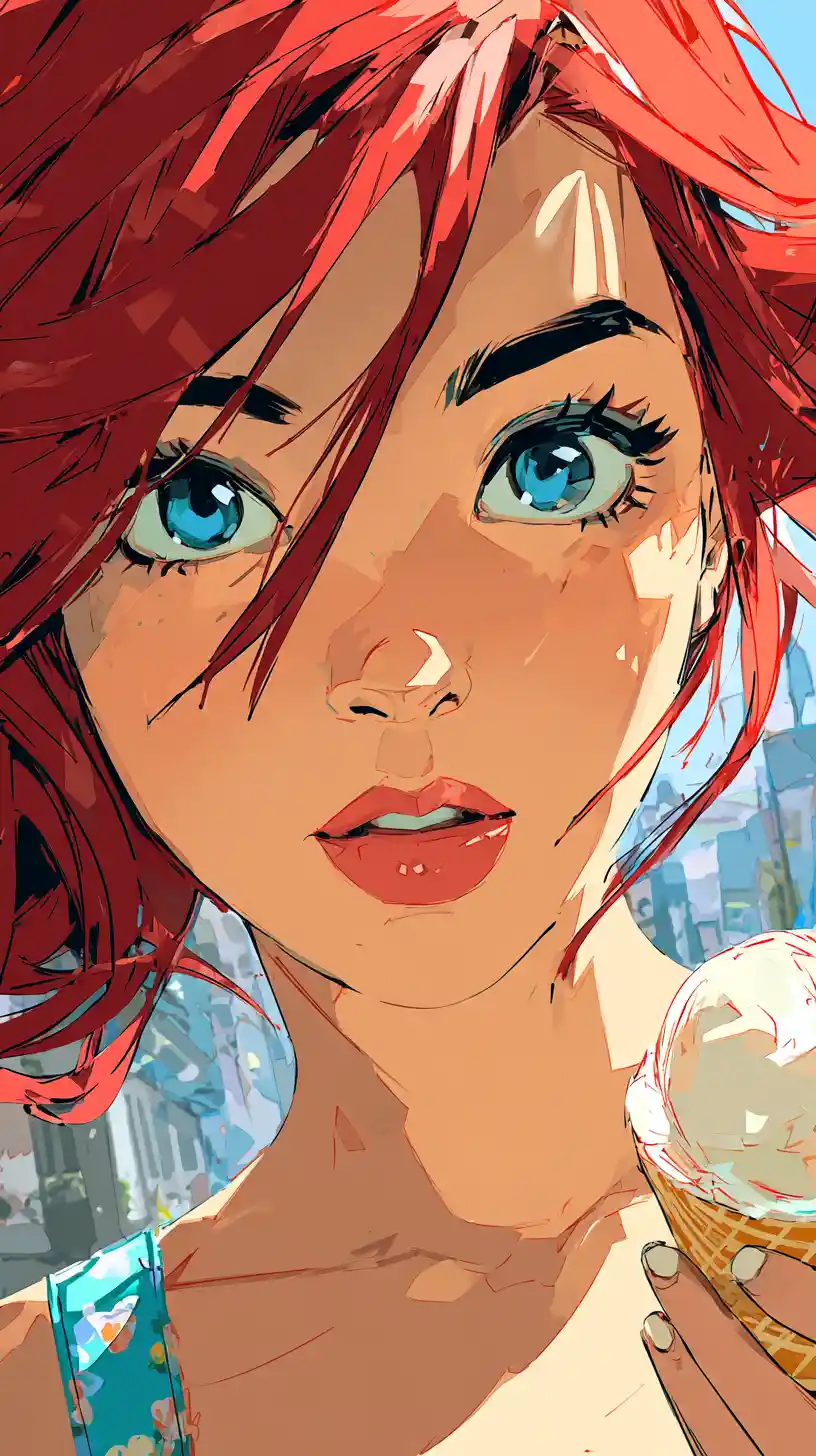 Stylish anime girl with ice cream in a summer city