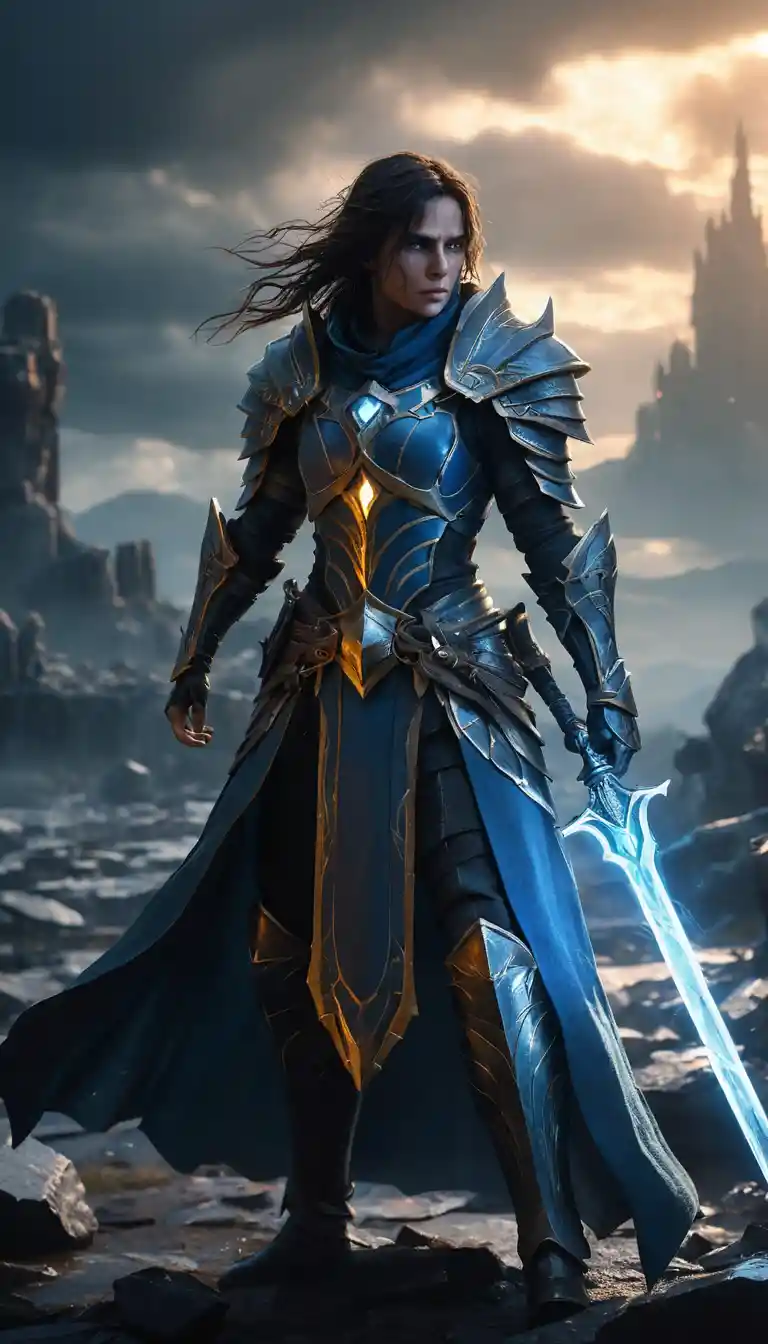 Fantasy warrior woman in stormy magical battlefield