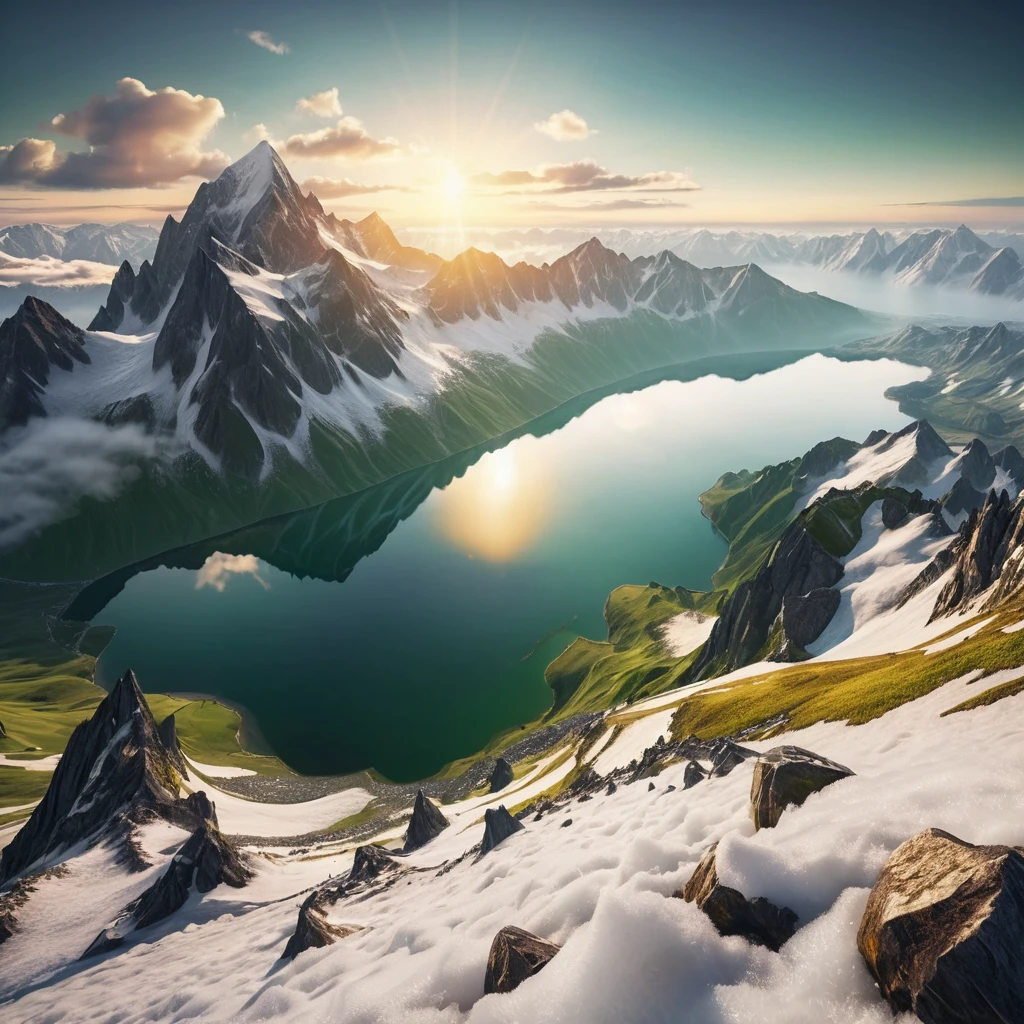 Sunrise above snowy mountains and lake in the clouds